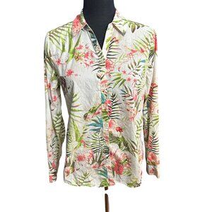 Chico's Shirt Size 0 S Floral Hawaiian Roll Tabb Sleeve Button Up White Pink